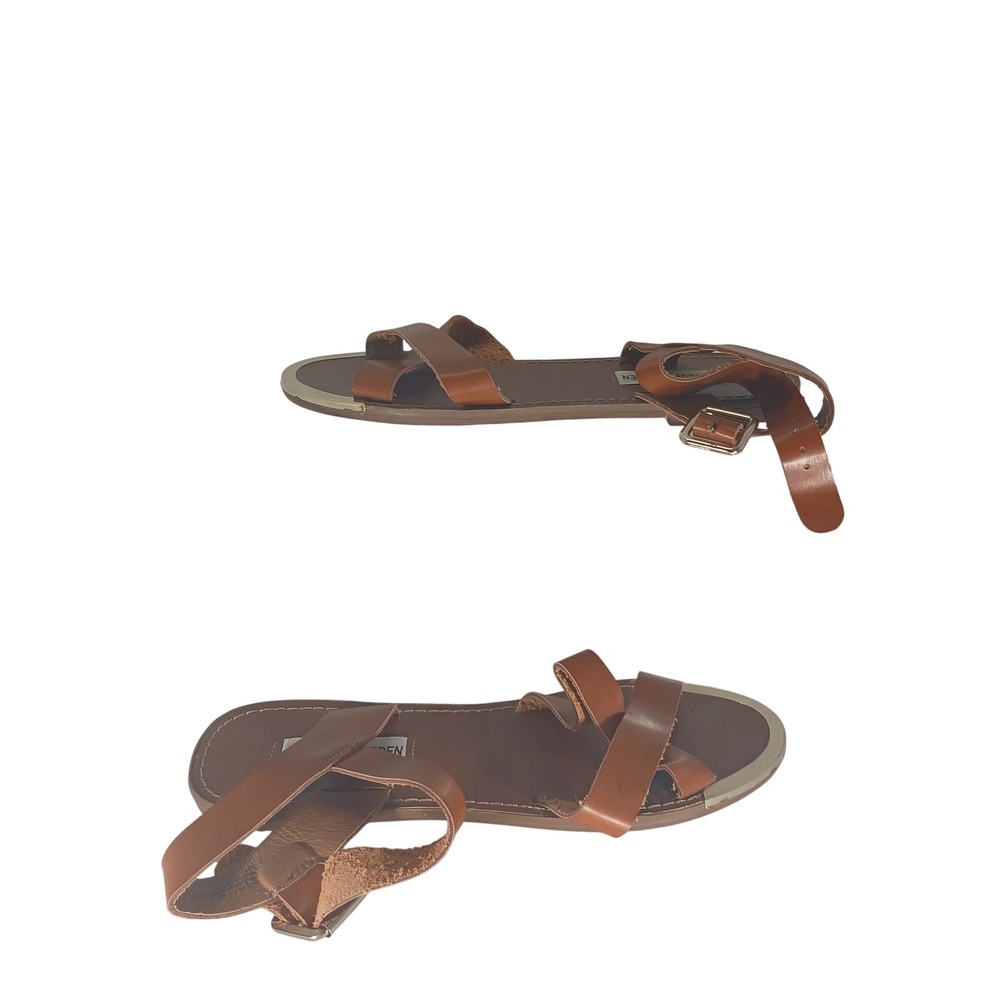 Steve Madden Bayley Sandals 7.5 Tan Brown Gold Toe Strappy Boho Flat Summer